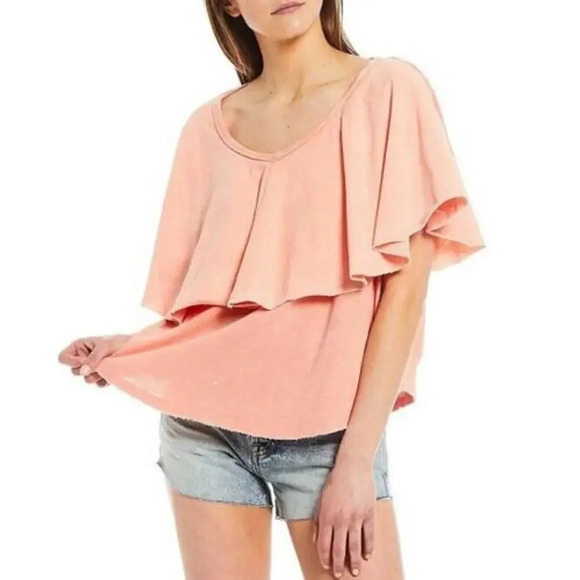 Free People Tops - Free People Women's Medium‎ Girl Talk Ruffle Linen Blend Top Sunny Peach Blouse